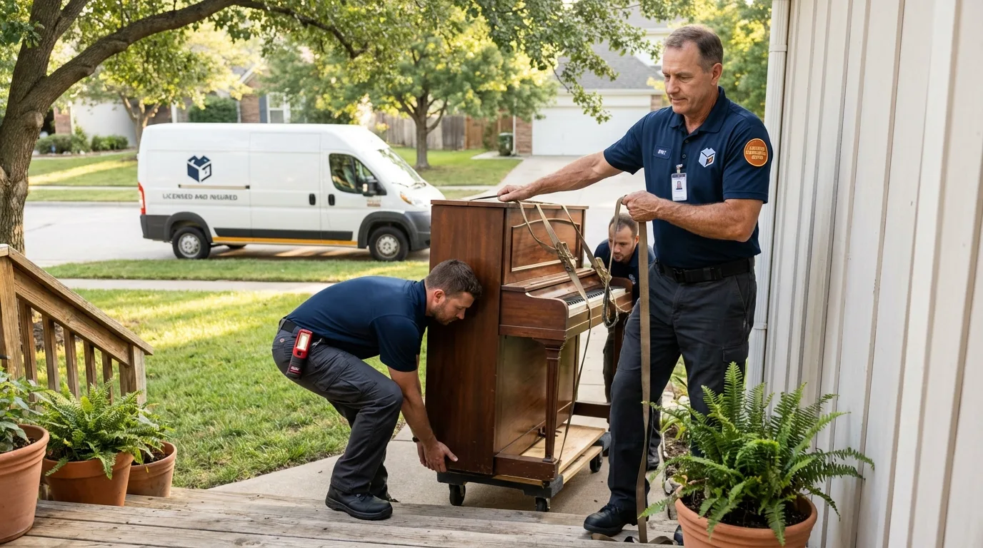 Licensed piano movers securing grand piano in Leawood, KS