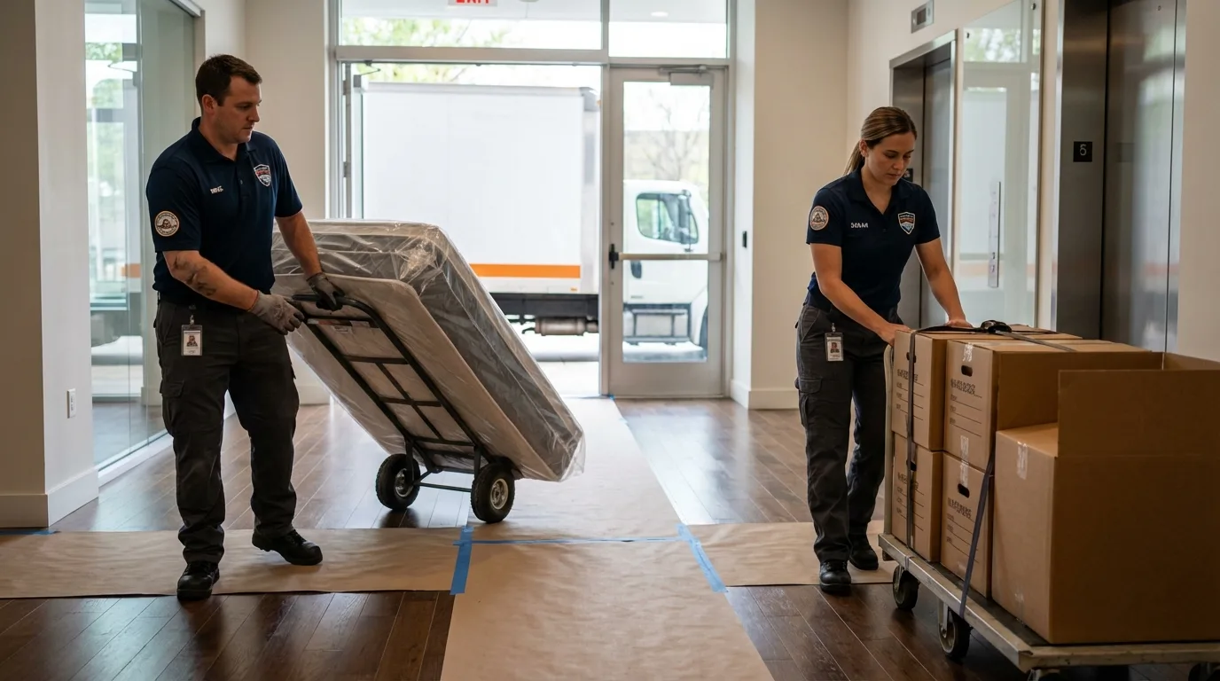 Professional apartment movers loading elevator in Leawood, KS